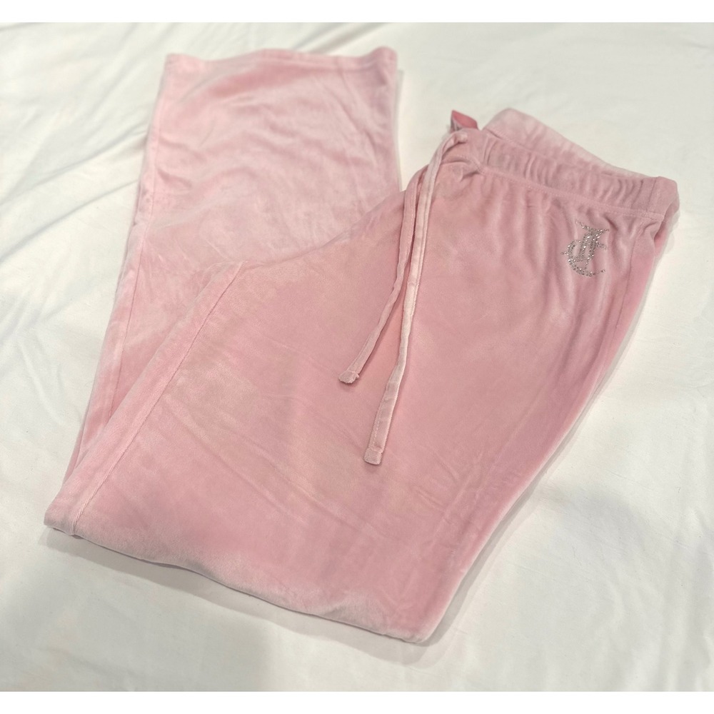 Y2K Juicy Couture Baby Pink Velour Rhinestone Logo Wide Leg Track Pants XL